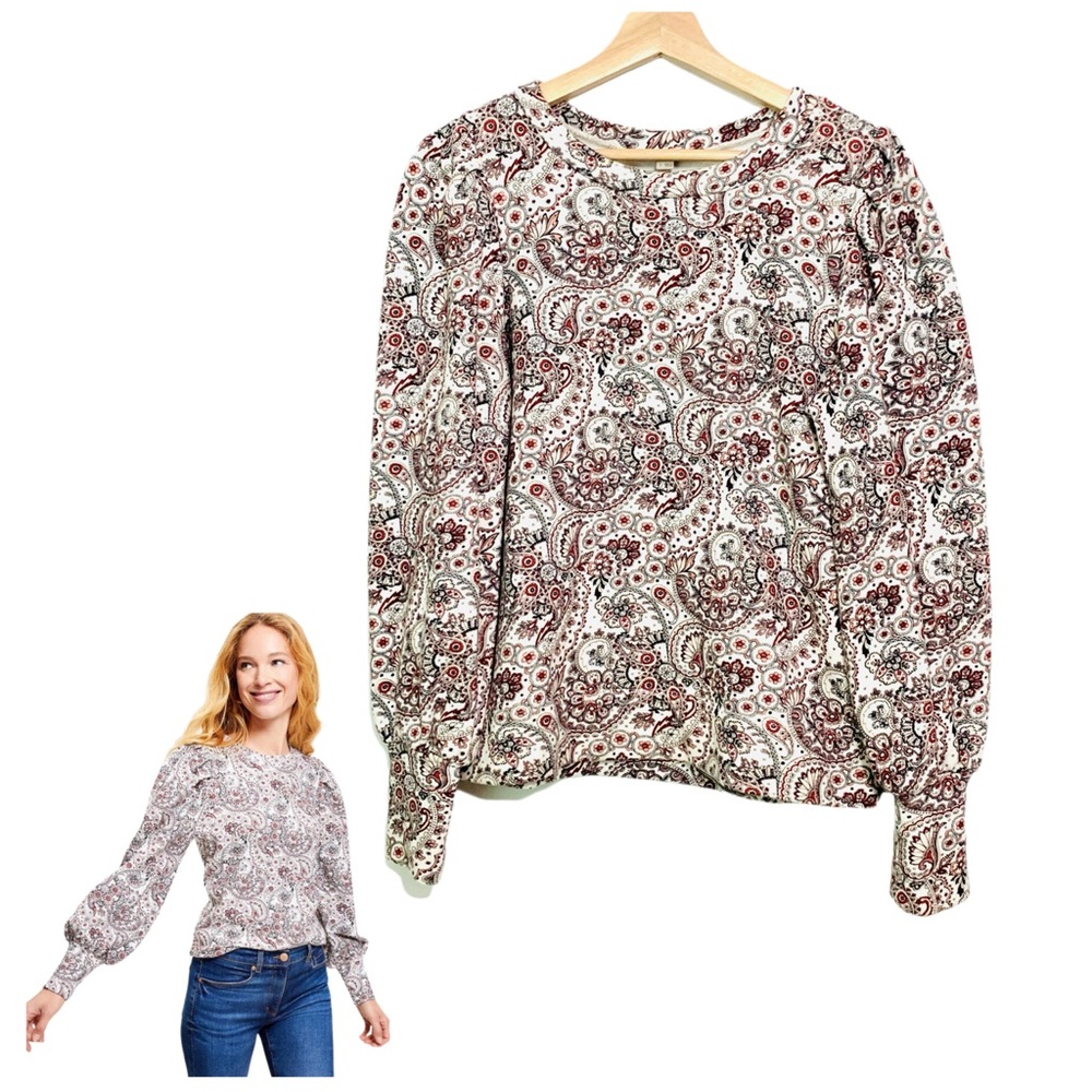 Ann Taylor Loft Floral Paisley Print Puff Sleeve Sweatshirt Pullover Small